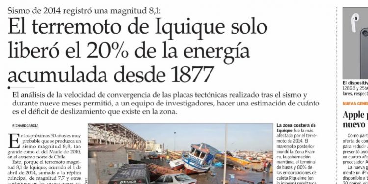El Mercurio: Terremoto de Iquique solo liberó el 20% de la energía acumulada desde 1877