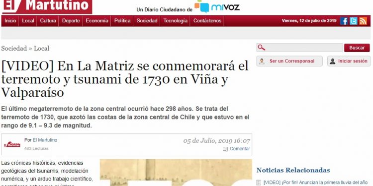 El Martutino: En La Matriz se conmemorará el terremoto y tsunami de 1730 en Viña y Valparaíso