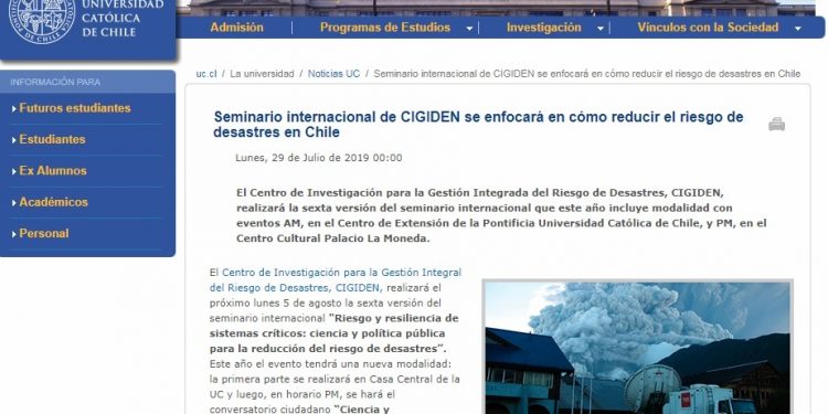 Prensa  UC: Seminario internacional de CIGIDEN se enfocará en cómo reducir el riesgo de desastres en Chile