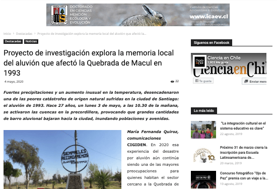 Ciencia en Chile: Proyecto de investigación explora la memoria local del aluvión que afectó la Quebrada de Macul en 1993