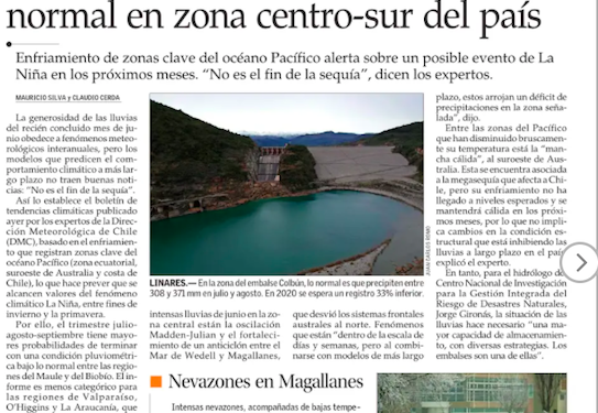 El Mercurio: Pese al agua caída en junio, el resto del invierno tendría lluvias bajo lo normal en zona centro-sur del país.