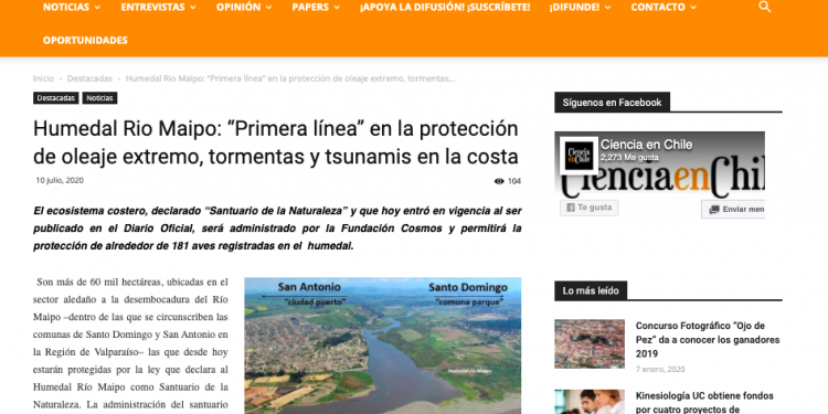 Ciencia en Chile – Humedal Rio Maipo: “Primera línea” en la protección de oleaje extremo, tormentas y tsunamis en la costa