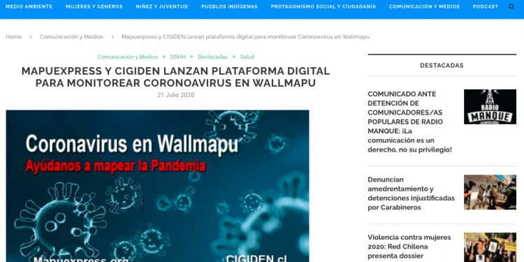 Agencia de Noticias.org: Mapuexpress y Cigiden lanzan plataforma digital para monitorear coronavirus en Wallmapu