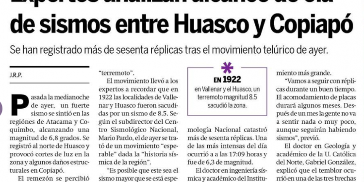 Hoy x Hoy: Expertos analizan alcance de ola de sismos entre Huasco Y Copiapó