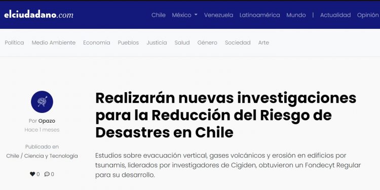 El Ciudadano: Realizarán nuevas investigaciones para la Reducción del Riesgo de Desastres en Chile.