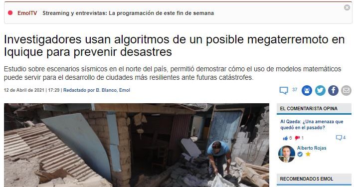 EMOL: Investigadores usan algoritmos de un posible megaterremoto en Iquique para prevenir desastres.