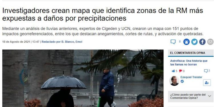 EMOL.com: Investigadores crean mapa que identifica zonas de la RM más expuestas a daños por precipitaciones.