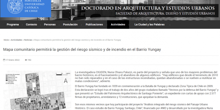 Doctoradofadeu.uc.cl: Mapa comunitario permitirá la gestión del riesgo sísmico y de incendio en el Barrio Yungay