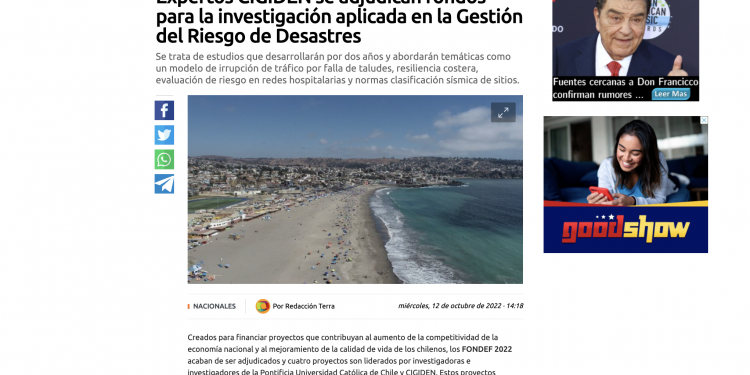 Terra.cl: ‘Expertos CIGIDEN se adjudican fondos para la investigación aplicada en la Gestión del Riesgo de Desastres’