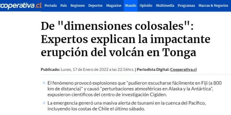 Cooperativa | De «dimensiones colosales»: Expertos explican la impactante erupción del volcán en Tonga