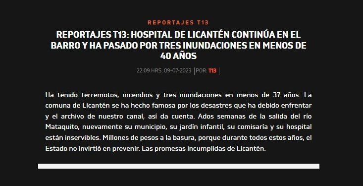 T13 | REPORTAJES T13: HOSPITAL DE LICANTÉN CONTINÚA EN EL BARRO Y HA PASADO POR TRES INUNDACIONES EN MENOS DE 40 AÑOS