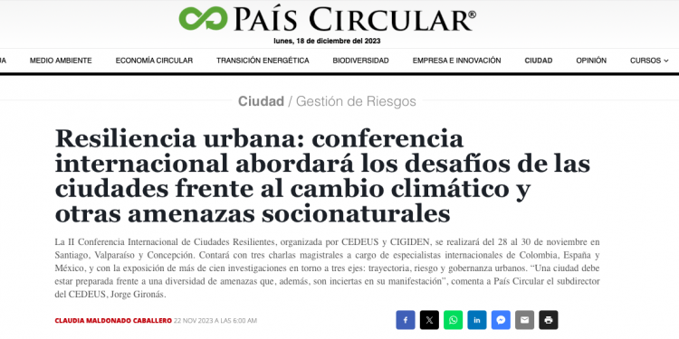 País Circular | Resiliencia urbana: conferencia internacional abordará los desafíos de las ciudades frente al cambio climático y otras amenazas socionaturales